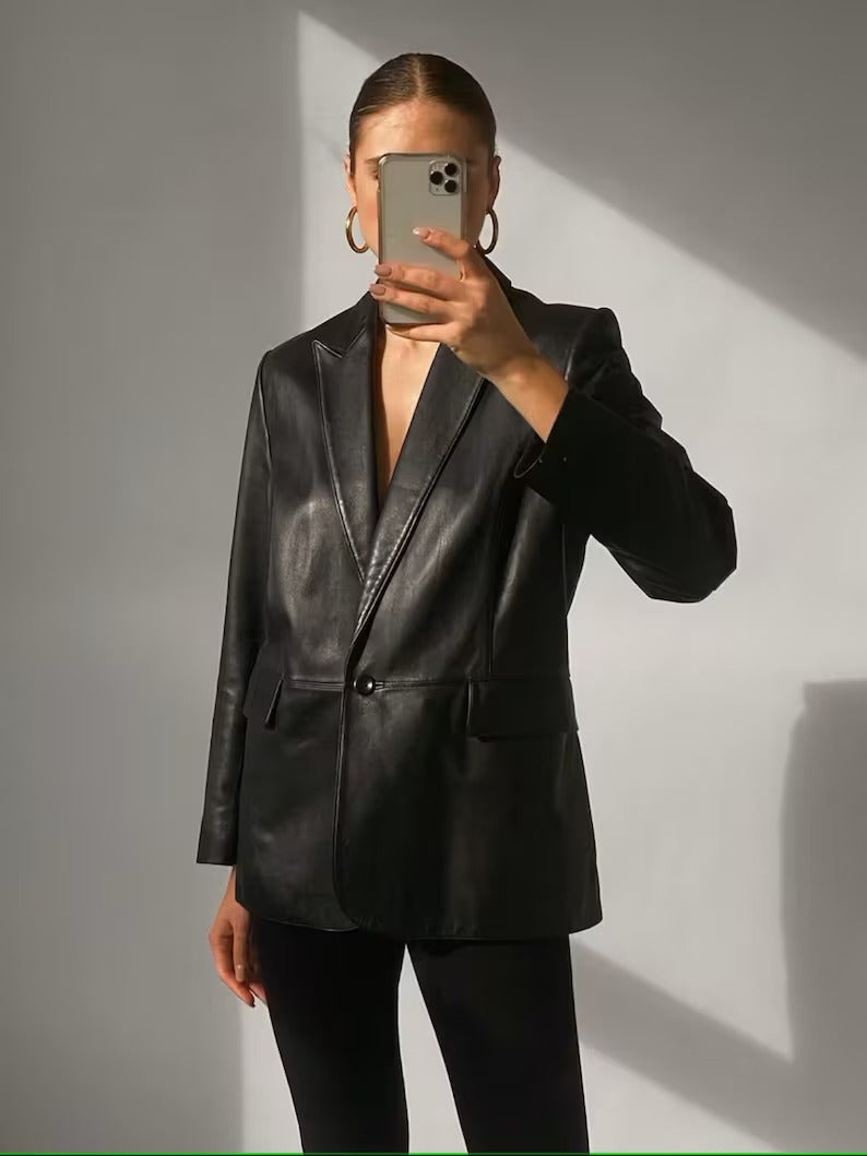 Women's Genuine Lambskin Black Leather Blazer Coat