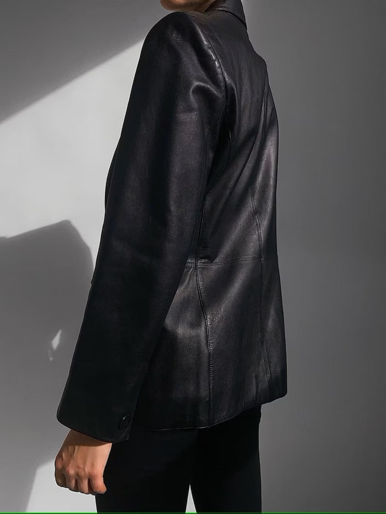 Women's Genuine Lambskin Black Leather Blazer Coat