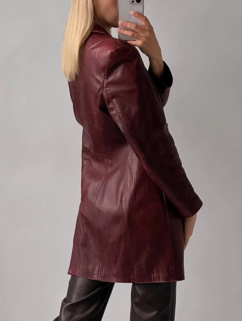 Women's Genuine Lambskin Brown Leather Blazer Jacket