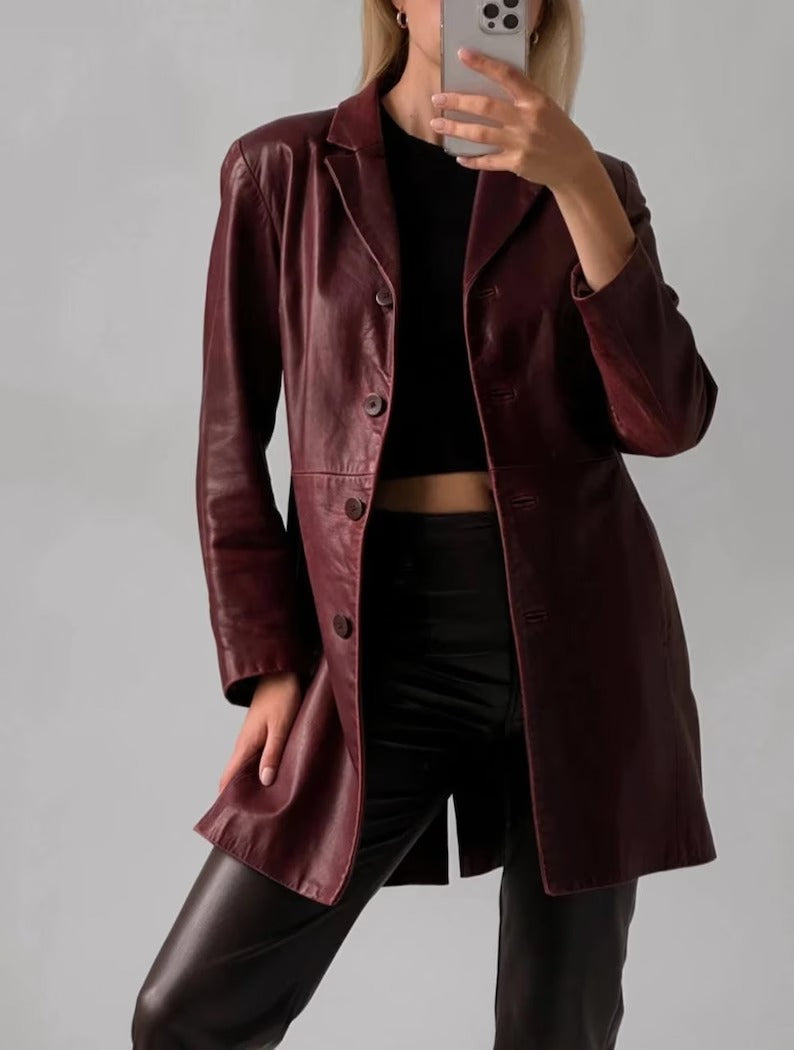 Women's Genuine Lambskin Brown Leather Blazer Jacket