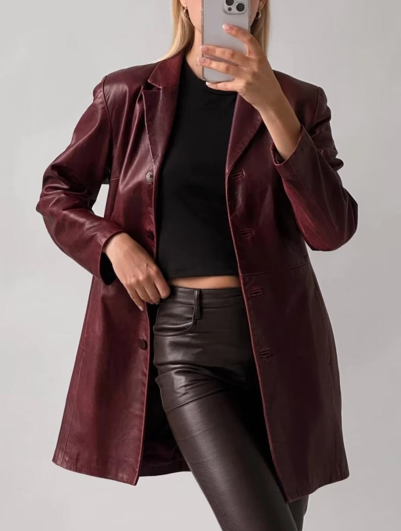 Women's Genuine Lambskin Brown Leather Blazer Jacket