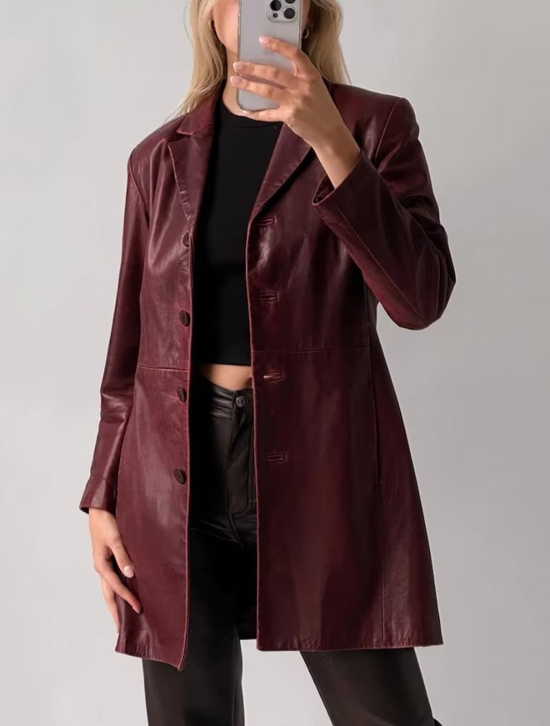 Women's Genuine Lambskin Brown Leather Blazer Jacket