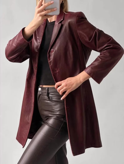 Women's Genuine Lambskin Brown Leather Blazer Jacket