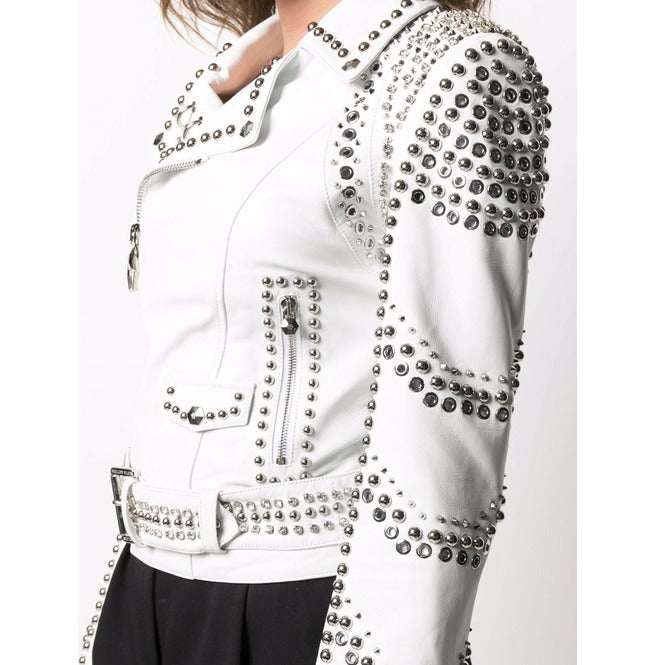 Women's Gothic Punk Moto Silver Spiked and Studded Black Leather Jacket