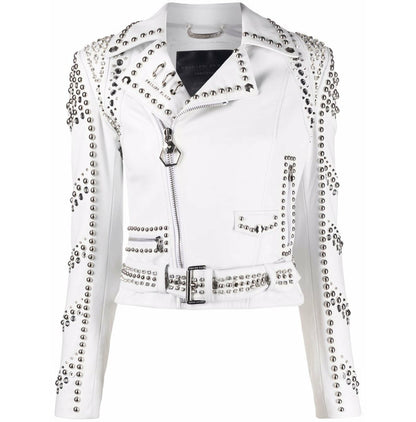 Women's Gothic Punk Moto Silver Spiked and Studded Black Leather Jacket