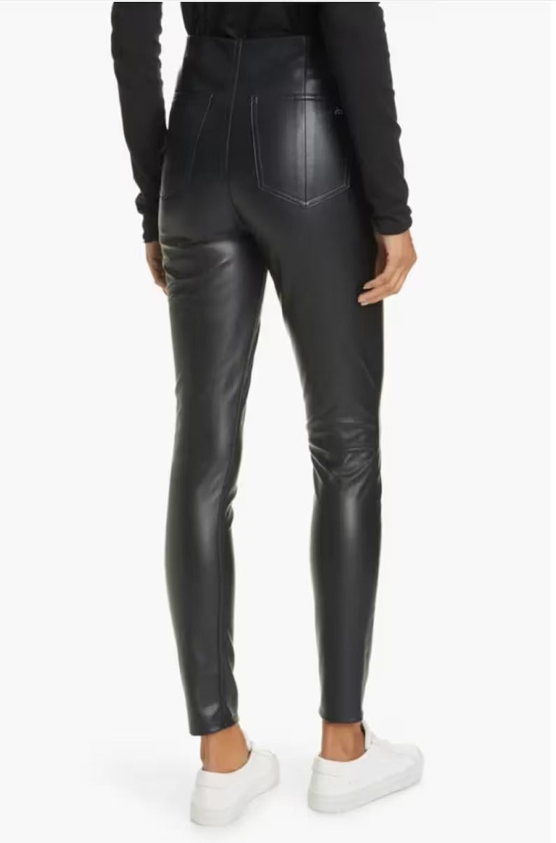 Women's High-Waist Black Leather Pants - Curve-Hugging Party Trousers