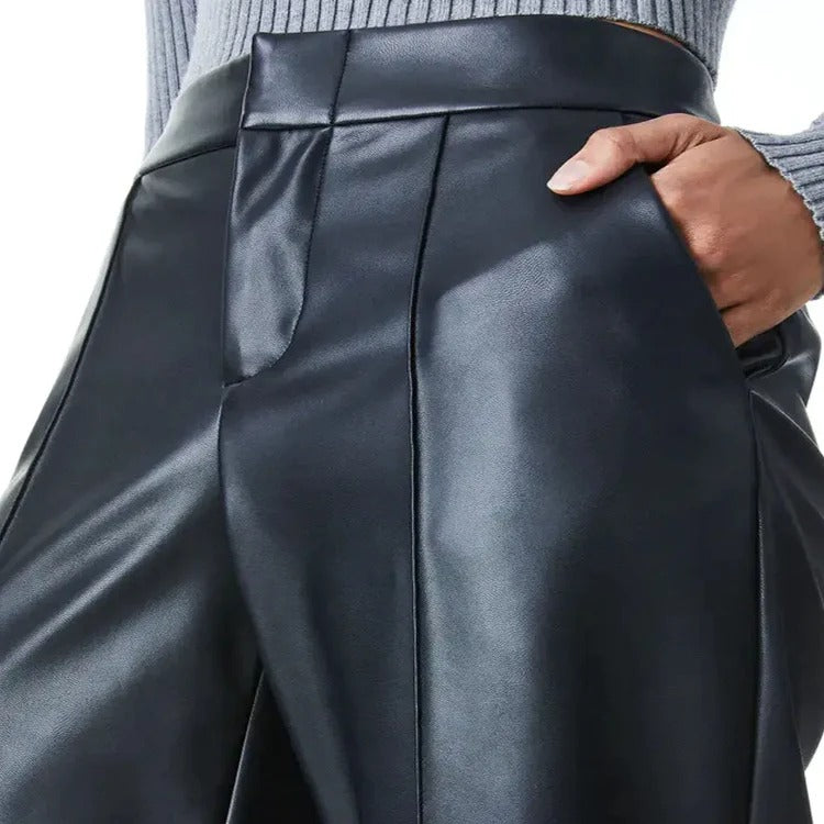 Women's High-Waist Wide Leg Faux Leather Pants