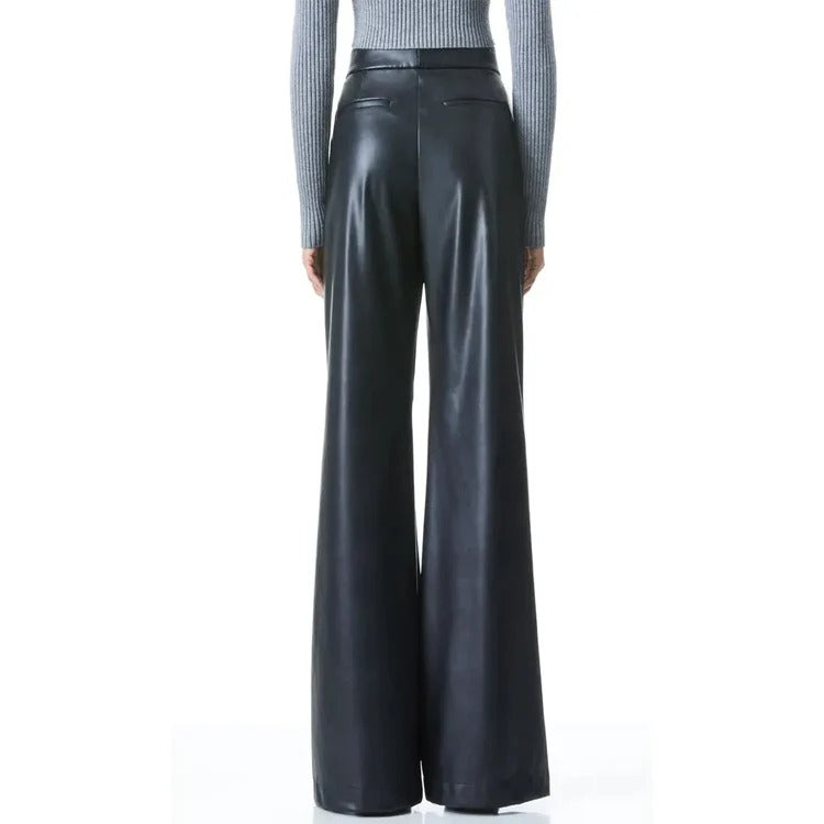 Women's High-Waist Wide Leg Faux Leather Pants