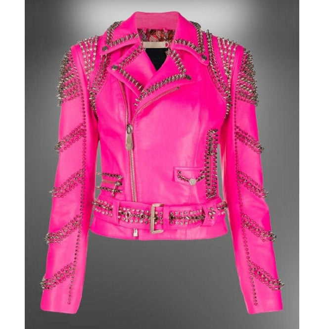 Women's Pink Designer Full Studded Punk Rock Leather Jacket