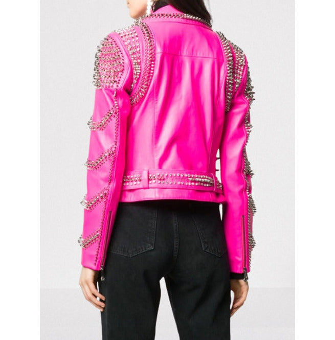 Women's Pink Designer Full Studded Punk Rock Leather Jacket