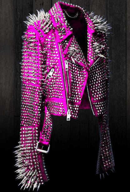 Women's Pink Punk Full Long Spiked Studded Brando Leather Jacket