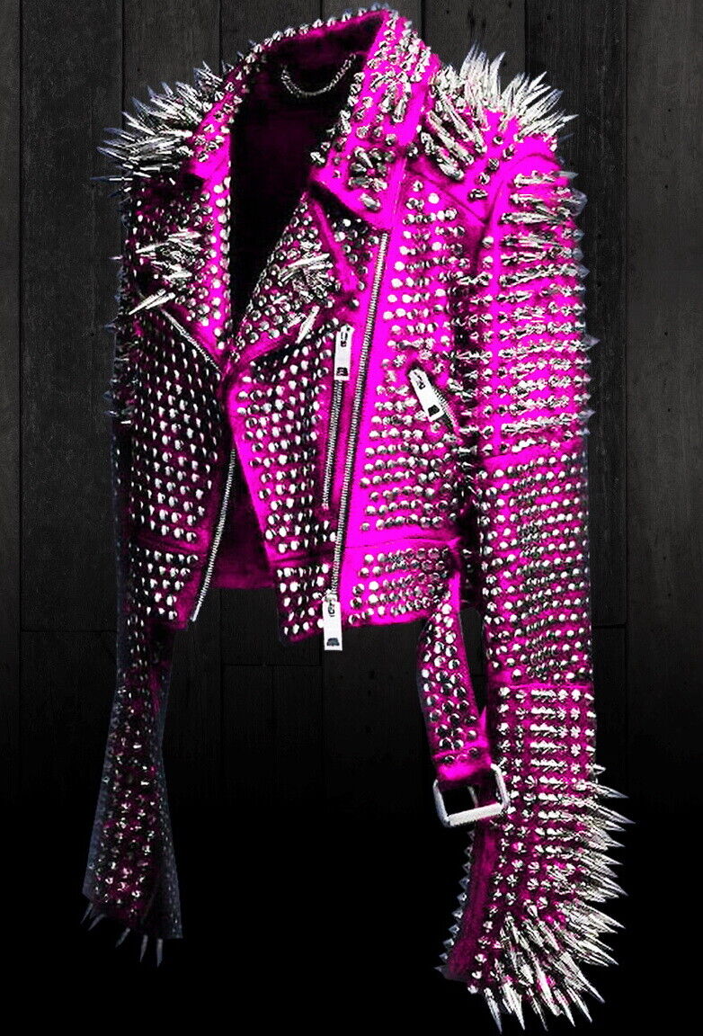 Women's Pink Punk Full Long Spiked Studded Brando Leather Jacket