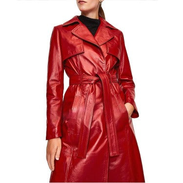 Women's Red Leather Trench Coat