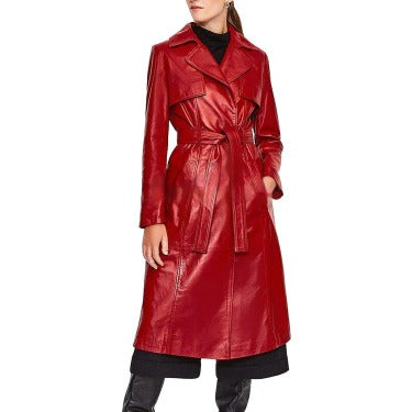 Women's Red Leather Trench Coat