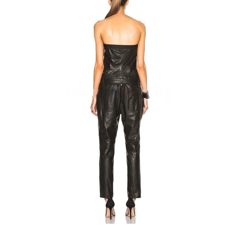 Women's Strapless Real Leather Jumpsuit