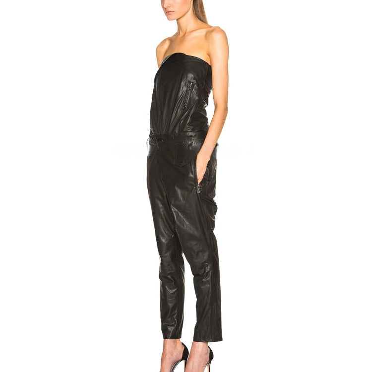 Women's Strapless Real Leather Jumpsuit