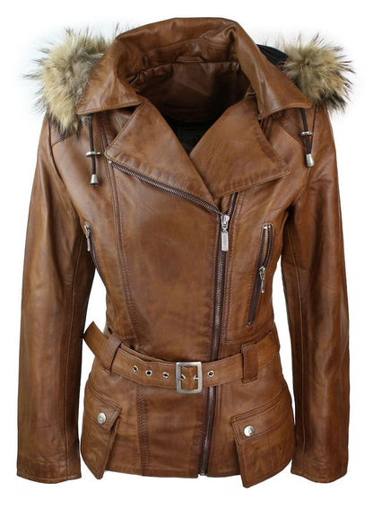 Women's Tan Brown Hooded Real Leather Parka Winter Coat