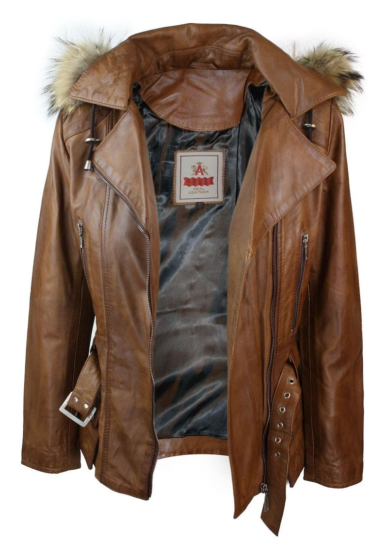 Women's Tan Brown Hooded Real Leather Parka Winter Coat