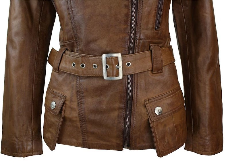 Women's Tan Brown Hooded Real Leather Parka Winter Coat