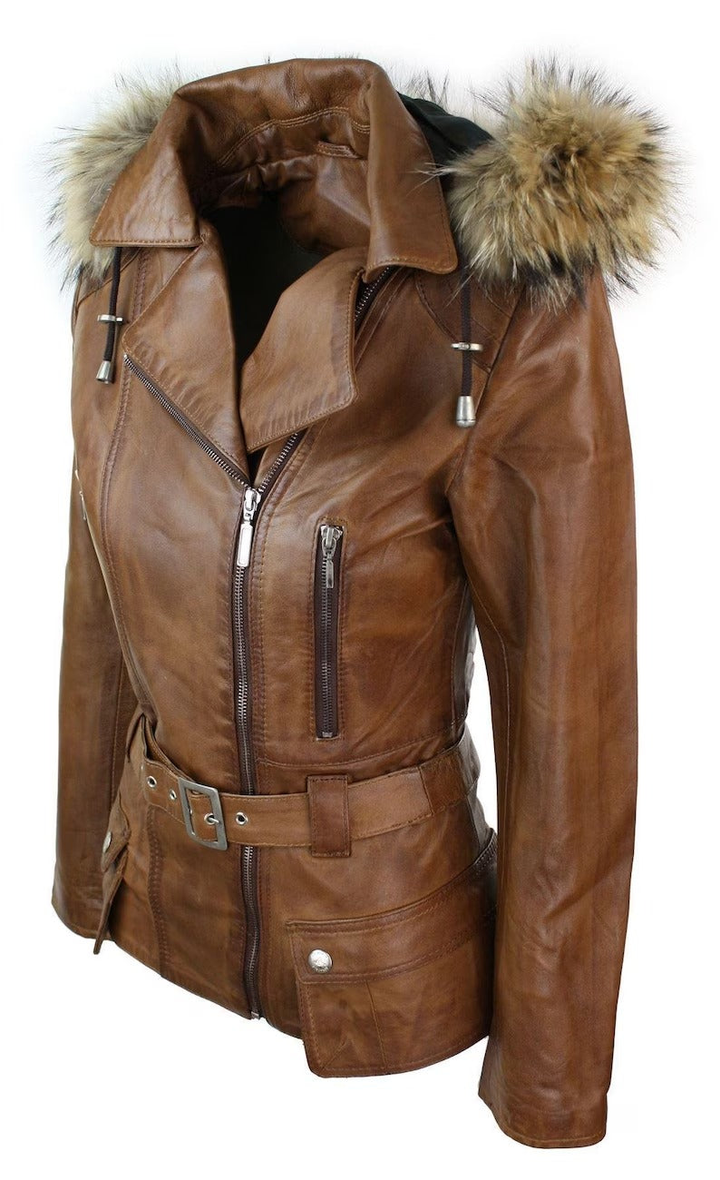 Women's Tan Brown Hooded Real Leather Parka Winter Coat