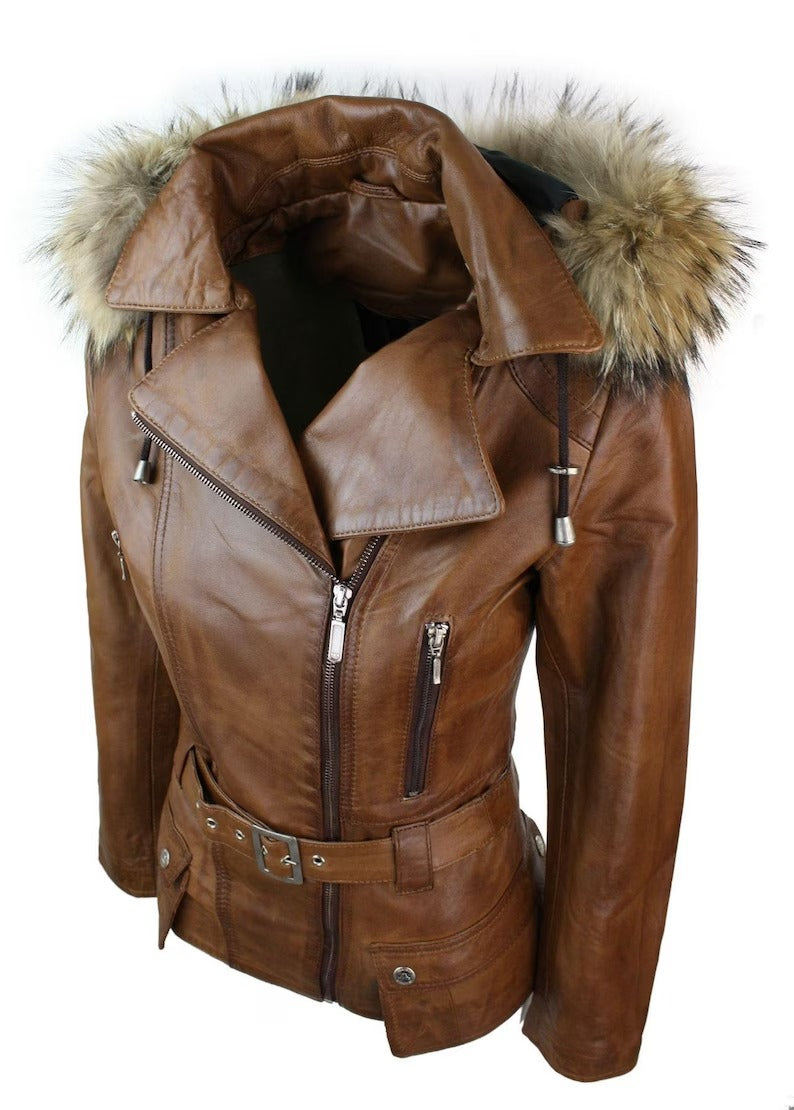 Women's Tan Brown Hooded Real Leather Parka Winter Coat