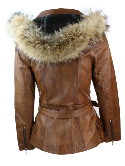 Women's Tan Brown Hooded Real Leather Parka Winter Coat