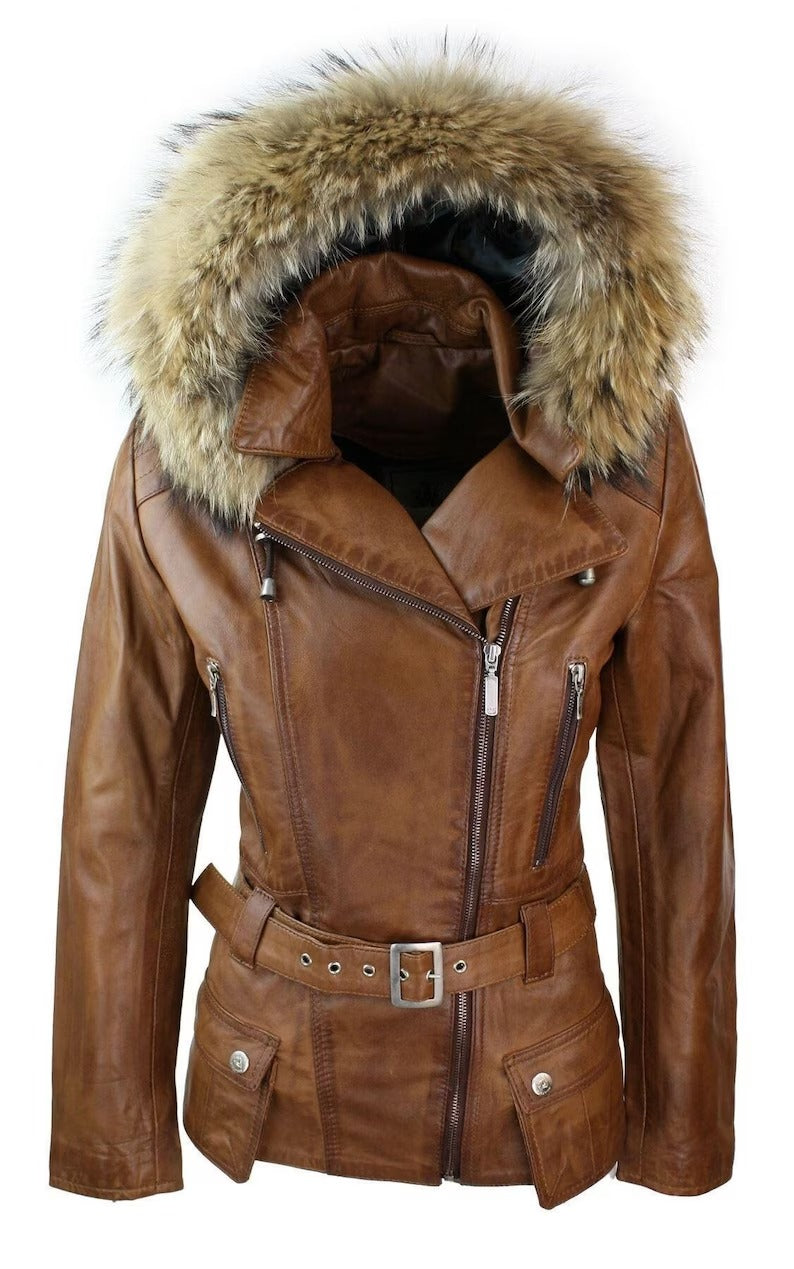 Women's Tan Brown Hooded Real Leather Parka Winter Coat