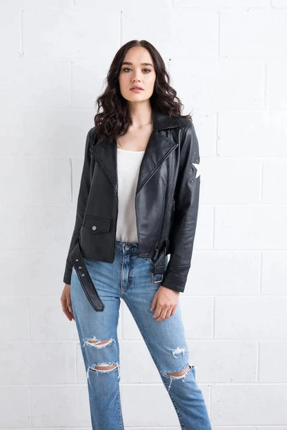 Women's Unique Style Star Leather Jacket - Black Jacket