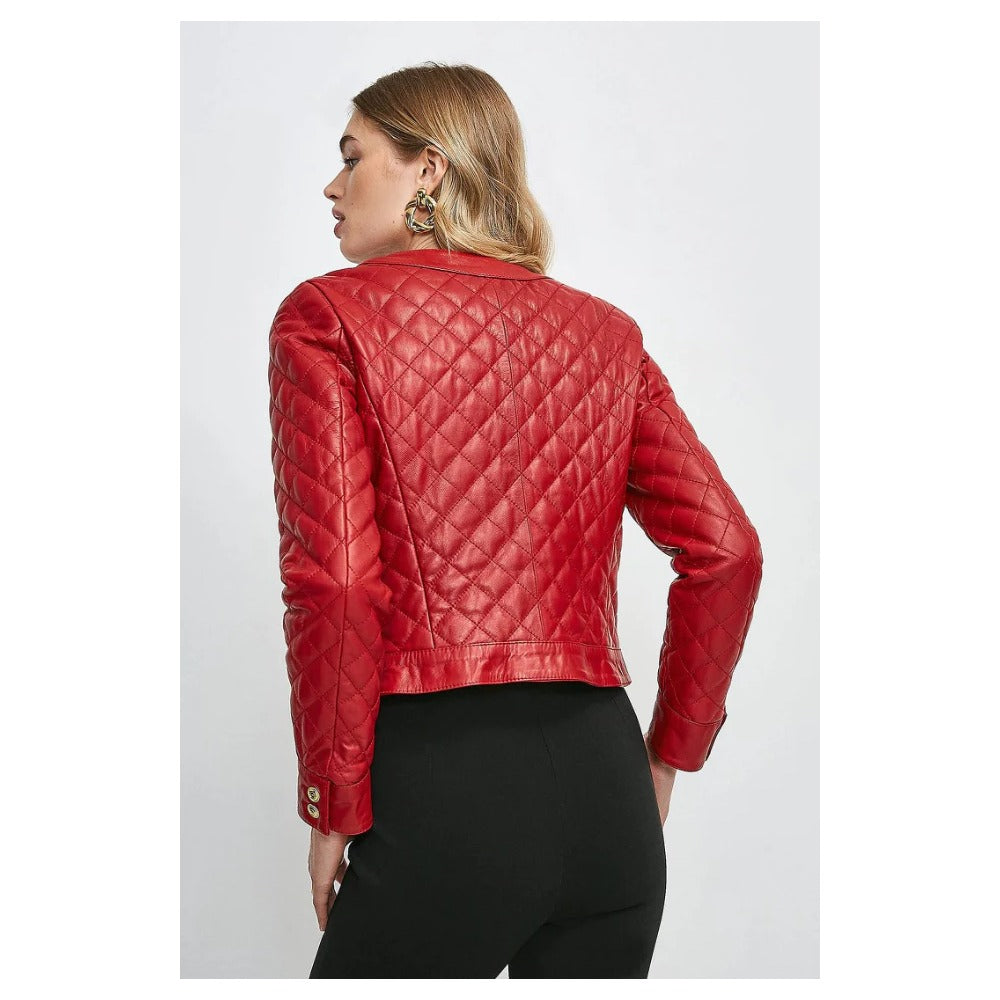 Women's Wine Red Leather Jacket with Golden Buttons