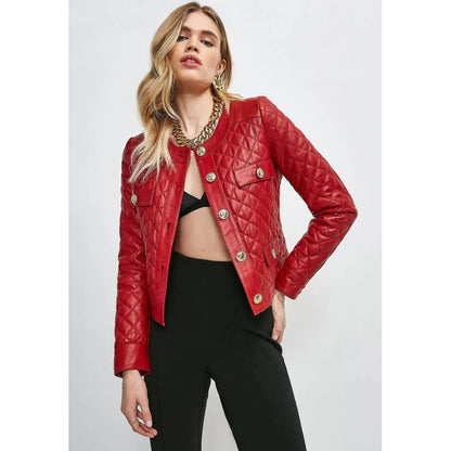 Women's Wine Red Leather Jacket with Golden Buttons