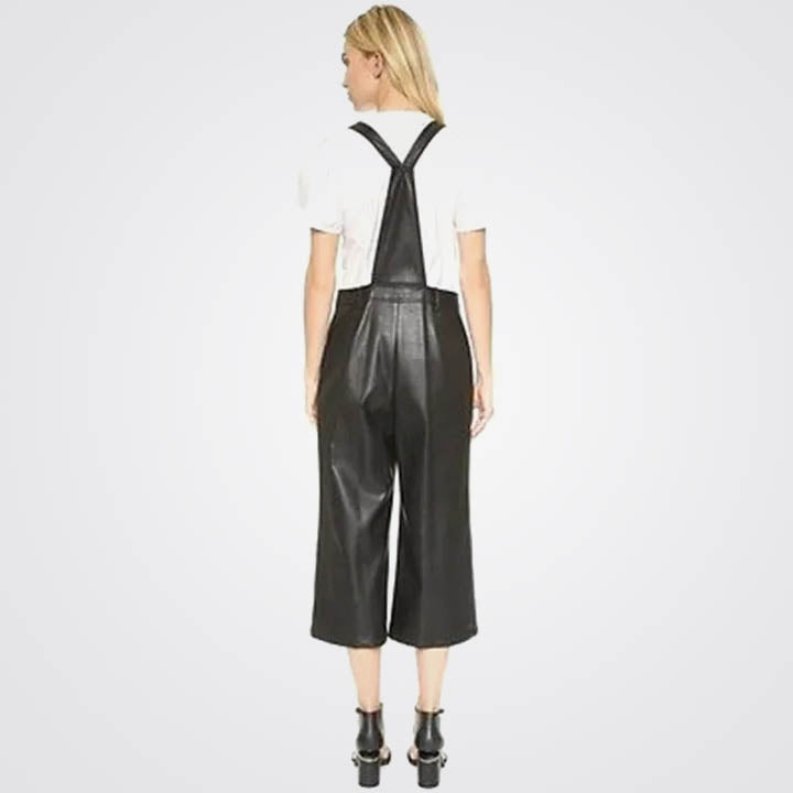 Women Black Leather Overall Jumpsuit