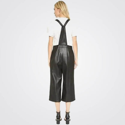 Women Black Leather Overall Jumpsuit