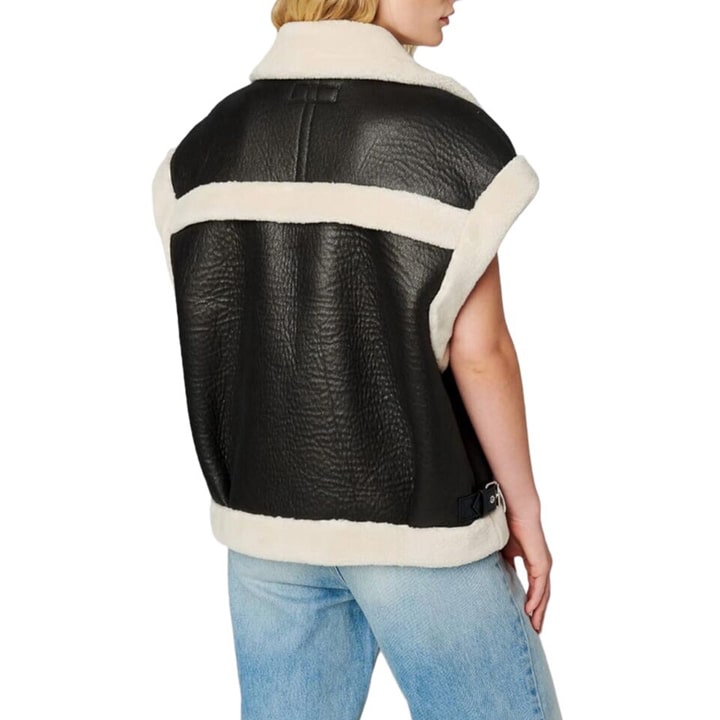 Women’s Black Leather Oversized Shearling Biker Vest