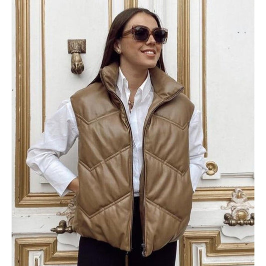Women's Brown Leather Puffer Vest