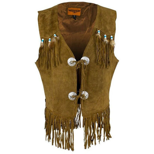 Women's Brown Suede Leather Western Vest With Fringe And Beads