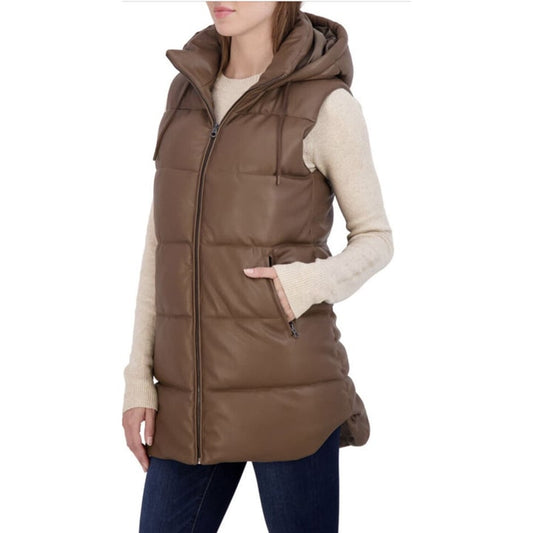 Women's Chocolate Brown Leather Puffer Vest