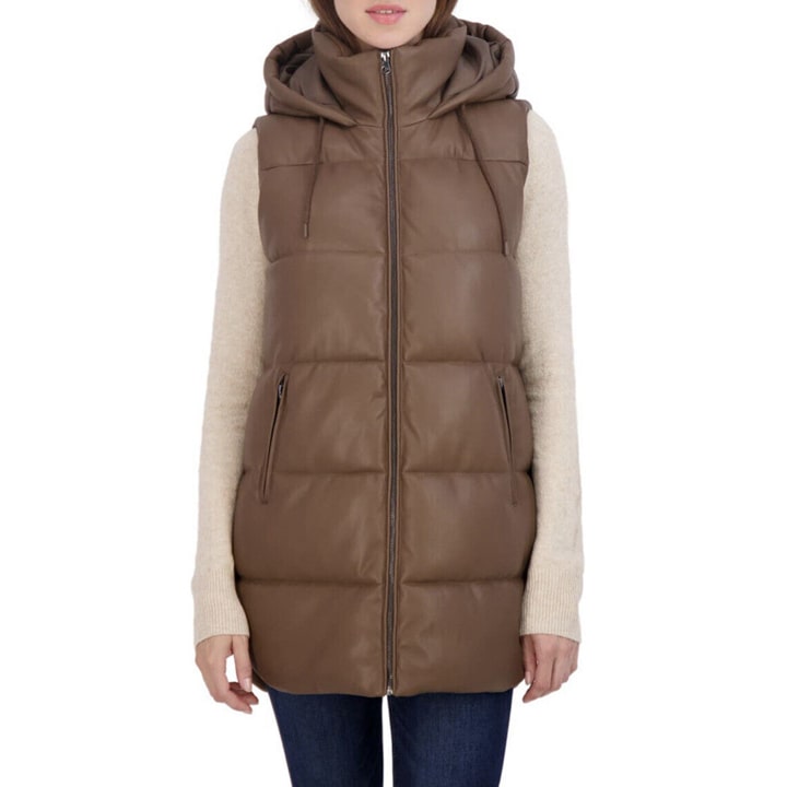 Women's Chocolate Brown Leather Puffer Vest