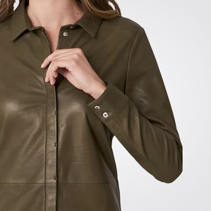 Women's Army Green Button Down Lambskin Leather Shirt