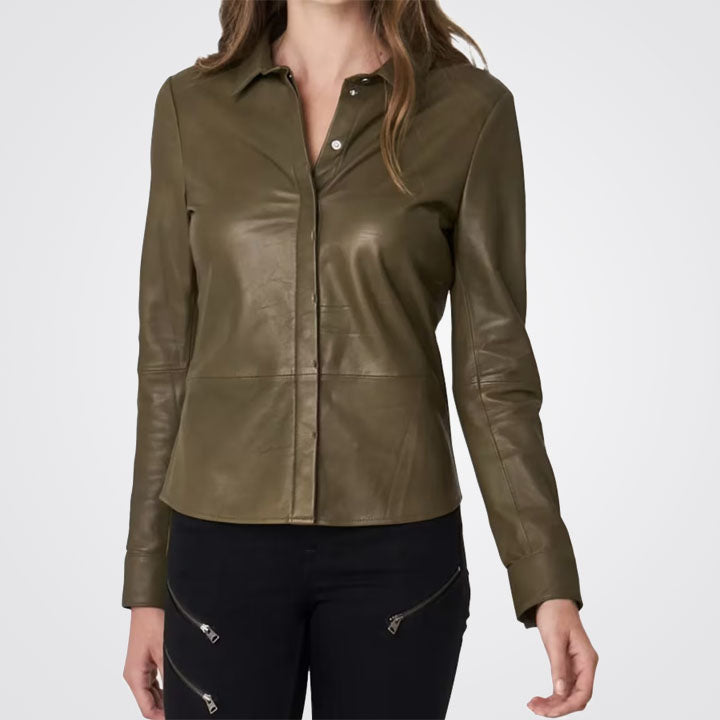 Women's Army Green Button Down Lambskin Leather Shirt