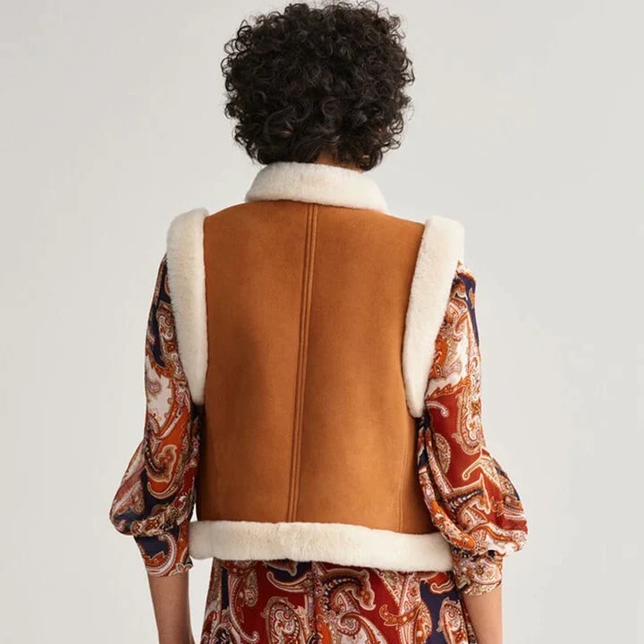 Women's B3 Brown Leather White Shearling Vest