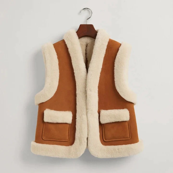 Women's B3 Brown Leather White Shearling Vest