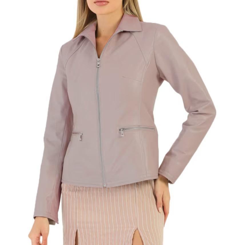 Women's Baby Pink Genuine Sheepskin Leather Jacket