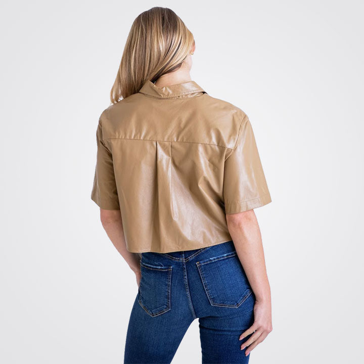 Women's Beige Lambskin Leather Mini Shirt