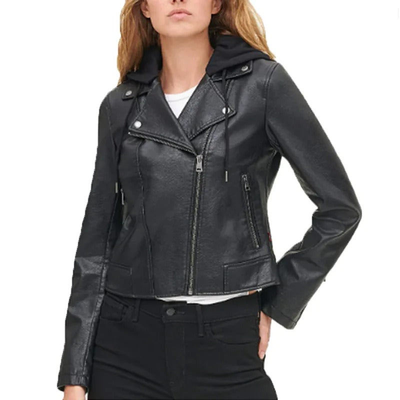 Women's Black Biker Hooded Leather Jacket