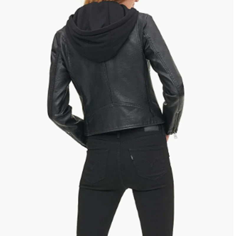 Women's Black Biker Hooded Leather Jacket
