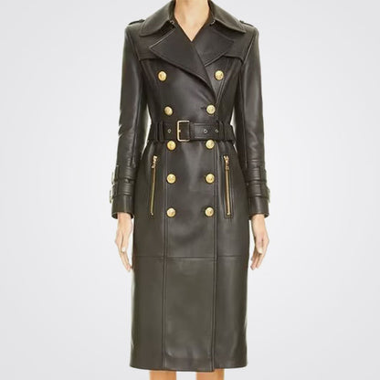 Women's Black Double Breasted Leather Trench Coat with Golden Button