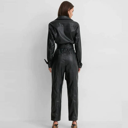 Women's Black Genuine Lambskin Leather Belted Jumpsuit