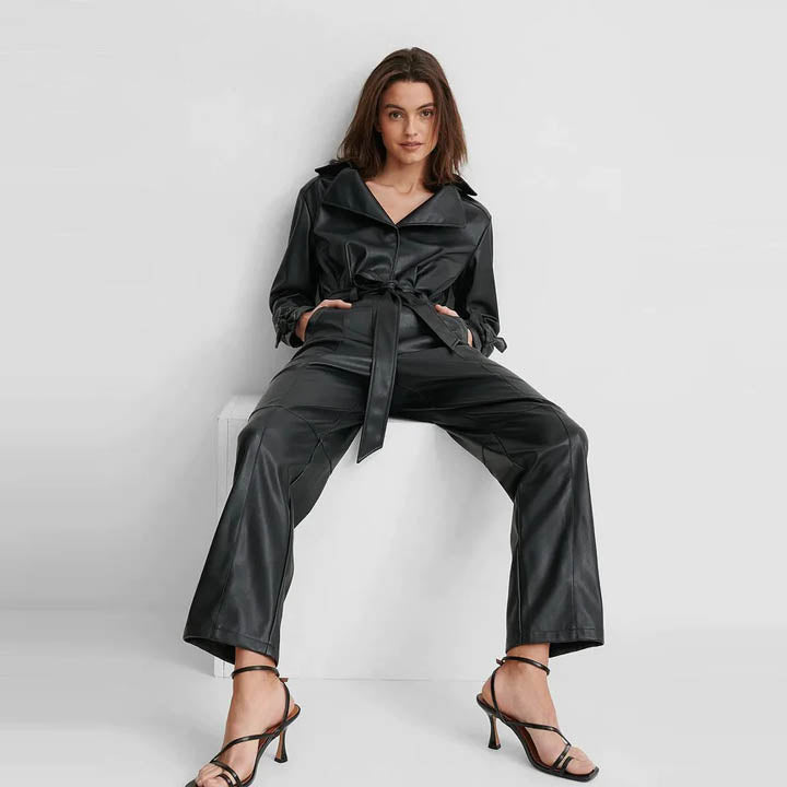 Women's Black Genuine Lambskin Leather Belted Jumpsuit