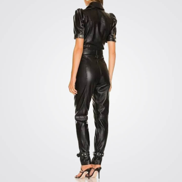 Women's Black Leather Belted Jumpsuit