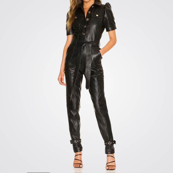 Women's Black Leather Belted Jumpsuit